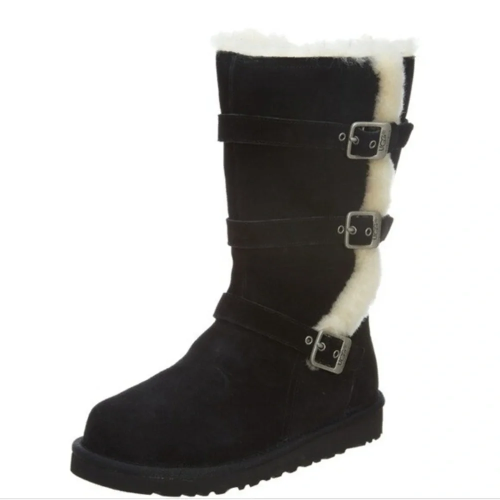 UGG Black Suede Boots with Buckle Accents